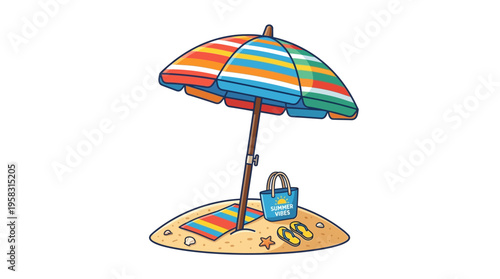 Colorful Beach Umbrella with Accessories on Sandy Shore.