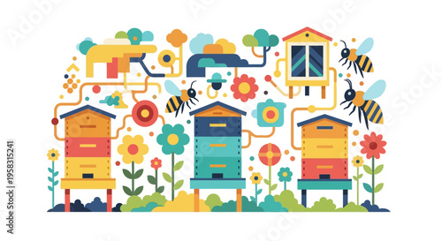 Colorful Beehives and Bees in a Floral Garden.
