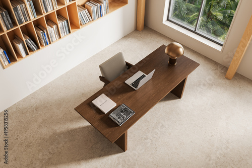 Minimalist interior workspace top view with wooden desk, bookshelves, laptop, elegant lamp and large window light in modern design. 3D Rendering