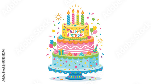 Colorful Birthday Cake with Candles and Confetti.