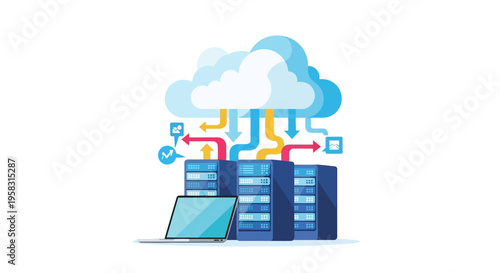 Cloud Computing Servers and Laptop Data Transfer Illustration.
