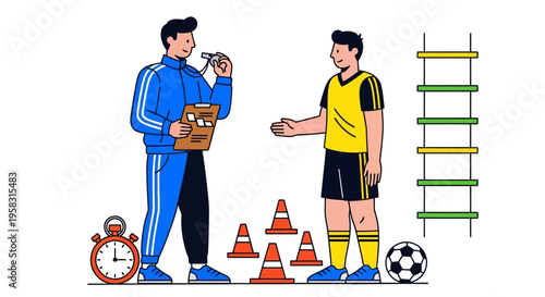 Coach instructing soccer player during training session with equipment.