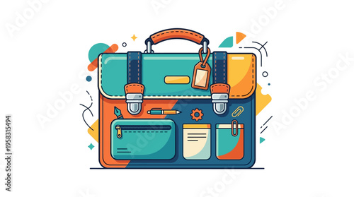 Colorful Cartoon Briefcase with Multiple Pockets and Straps.