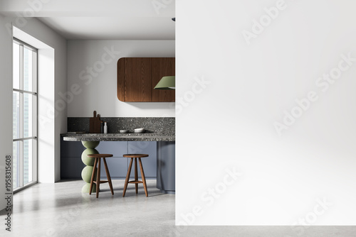 Modern interior kitchen scene with terrazzo counter, wooden cabinets and stools beside an empty wall mockup for clean bright architecture design concept. 3D Rendering