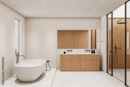 Minimalist serene bathroom interior with freestanding tub, wood cabinetry and glass shower in modern architecture style. 3D Rendering