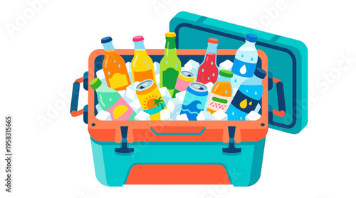 Colorful Cooler Filled With Assorted Beverages and Ice.