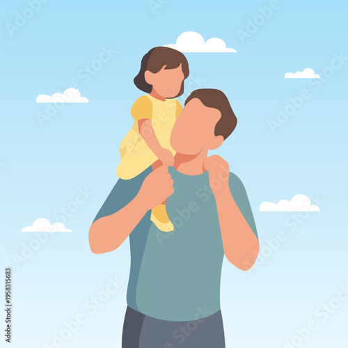 Father carrying daughter on shoulders outdoors with clouds in sky fatherhood bond