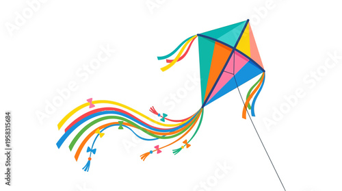 Colorful Diamond Kite Flying High With Long Streamers.