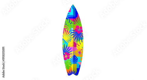 Colorful Abstract Surfboard Design with Tropical Flower Patterns.
