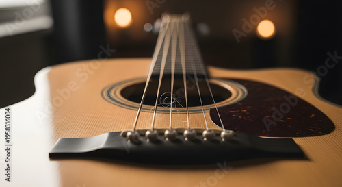 Acoustic Guitar Close-Up Focusing on Strings and Neck with Bokeh Background, Artistic Music Photography Highlighting Instrument Texture and Wood Grain, Warm Toned Concept Image