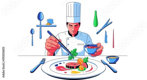 Chef meticulously garnishing a gourmet dish with precision and care.