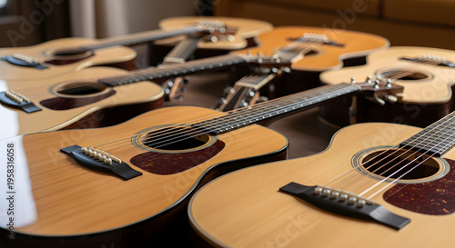 Collection of Acoustic Guitars Lying Flat on Dark Surface, Top View of Multiple Wooden Instruments with Dramatic Lighting, Professional Music Equipment Photography for Editorial Use