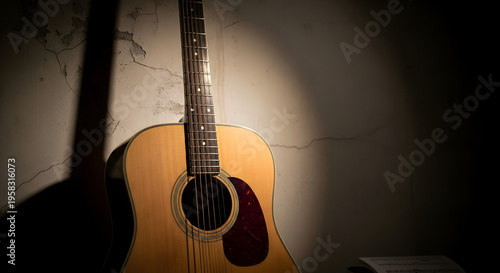 Single Acoustic Guitar Neck and Body Against Soft Beige Background, Minimalist Music Photography with Focus on Fretboard and Tuning Pegs, Clean and Modern Instrument Concept