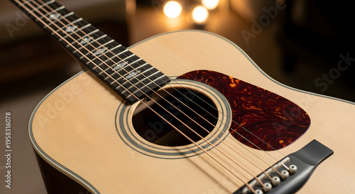 Elegant Acoustic Guitar with Tortoiseshell Pickguard and Red Spruce Top, Professional Close-Up Shot of Premium Instrument Body and Strings, Perfect for Music Brand and Product Photography