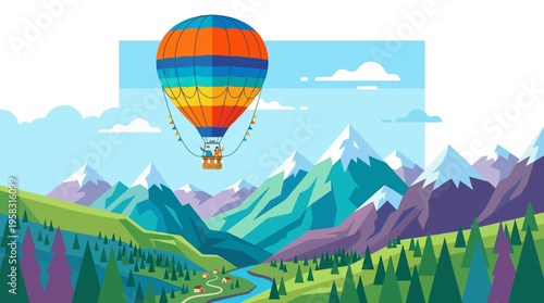 Colorful hot air balloon floating above majestic mountains.