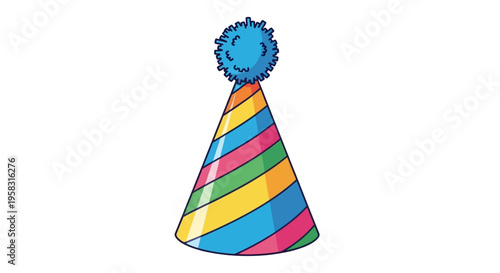 Colorful Party Hat With Blue Pom-Pom Top.