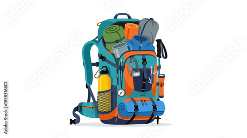 Colorful Backpack Loaded With Outdoor Gear For Adventure.