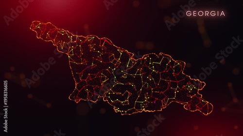 A dynamic motion video showcasing the Georgia country border through a colorful plexus reveal. Glowing red and orange dots represent high-tech data communication and global digital networks.
