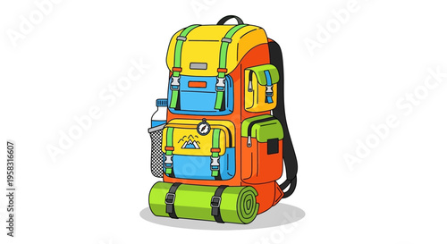 Colorful Backpack with Camping Gear and Water Bottle.