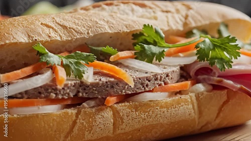 Delicious Vietnamese Banh Mi Sandwich Being Prepared with Fresh Ingredients.