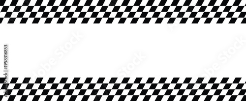 Black white checkered stripe border. Abstract racing flag pattern design. Motorsport checker banner background. Geometric diagonal checker texture.