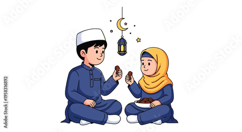 Illustration of a Muslim boy and girl sitting cross-legged, sharing a date during Ramadan with a lantern and moon in the background.