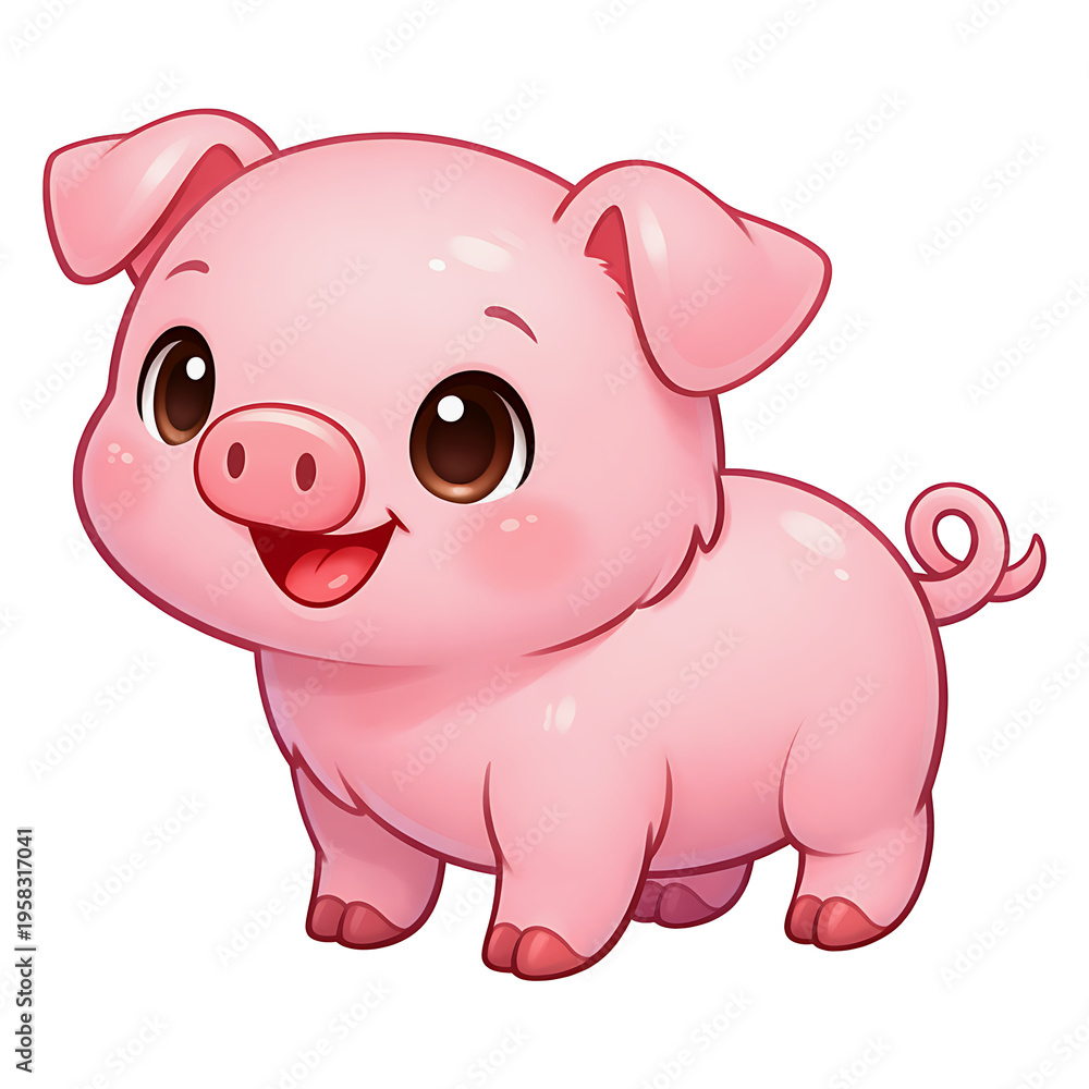 Fototapeta premium pink pig cartoon, Adorable Baby Pig Smiling Cartoon Farm Animal Digital Illustration