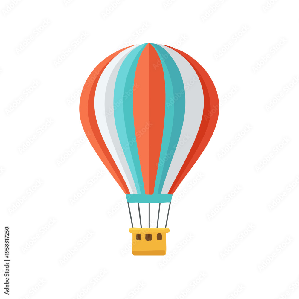 Fototapeta premium Colorful hot air balloon with orange blue and white stripes floating in the sky