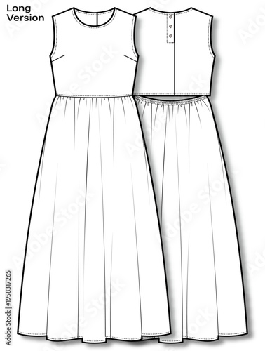 Womens sleeveless shirred dress technical flat fashion sketch vector template illustration short and long version front and back view maxi and mini length gathered skirt casual elegant apparel CAD dra
