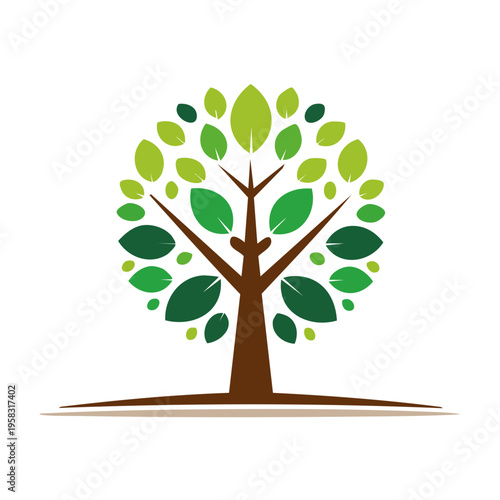 Stylized circular green tree with brown trunk and root base representing nature and growth