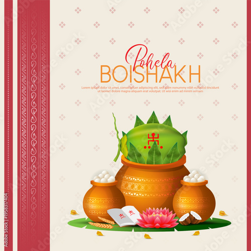 Bengali Happy New Year, Pohela Boishakh - poster template design with kalash, bamboo tray and decorative diya lamp.
