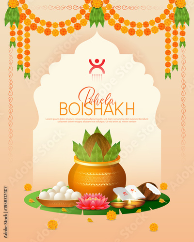 Bengali Happy New Year, Pohela Boishakh - poster template design with kalash, kite and decorative paper windmill toy