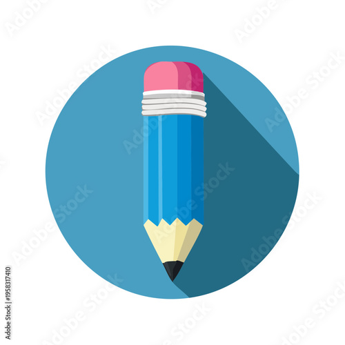 Blue pencil with pink eraser and graphite tip flat icon inside a circle