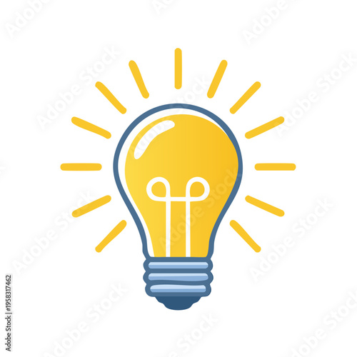 Bright glowing yellow light bulb radiating light rays symbolizing inspiration and creativity