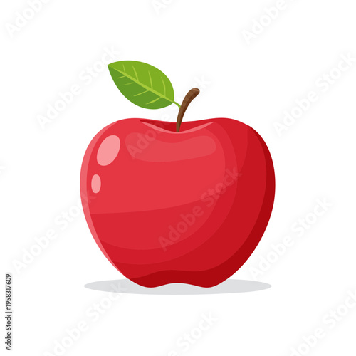 A stylized red apple with a single green leaf and brown stem, isolated on white