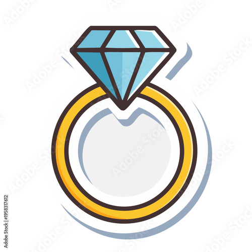 Stylized Diamond Engagement Ring Icon with Golden Band and Blue Gemstone