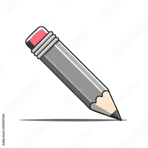 A simple illustration of a gray pencil with a pink eraser and a sharp tip drawing a line