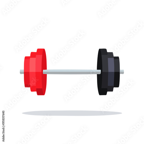 Weightlifting barbell with red and black weight plates, fitness equipment illustration