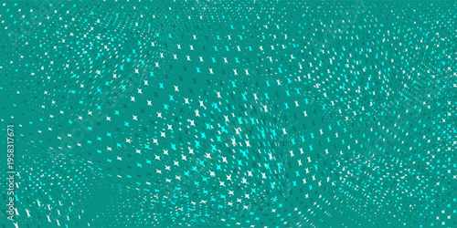 Seamless background pattern of evenly spaced white plus symbols of different sizes and opacity. Vector illustration on teal background with stars