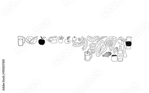 Black and white line drawing of various healthy food and drink icons in a row