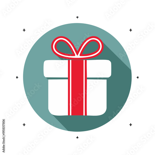White gift box with red ribbon bow, flat design, teal circle, long shadow