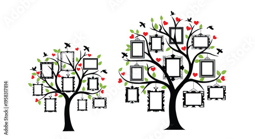 Family tree with picture frames and hearts on for genealogy and relationships