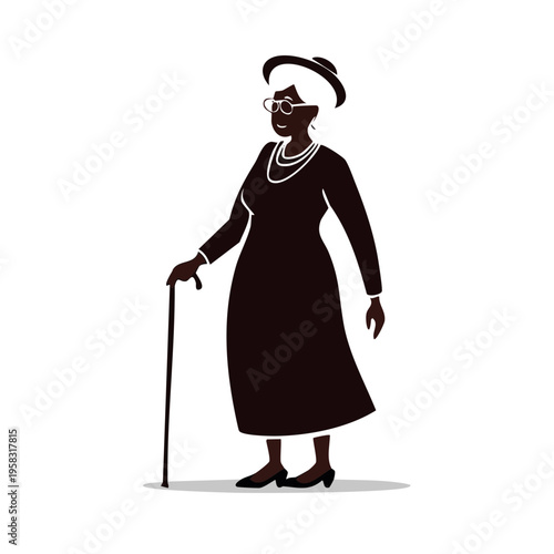 Elegant mature woman in a dress and hat holding a walking cane with glasses