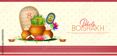 Bengali Happy New Year, Pohela Boishakh - banner template design with kalash, owl mask and decorative paper windmill toy and diya lamp
