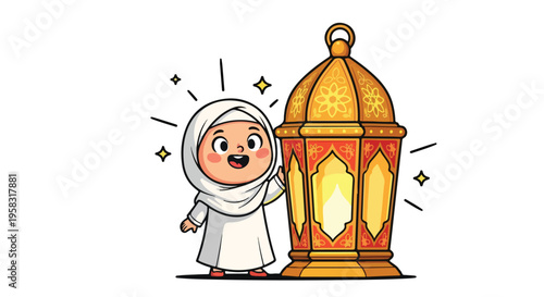 A cheerful cartoon girl wearing a white headscarf and dress stands beside a vibrant lantern with a warm glow on a plain background.