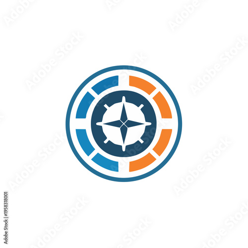 Circular compass rose logo with blue and orange accents navigational symbol