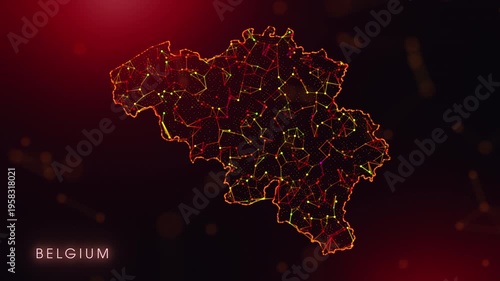 A dynamic motion video showcasing the Belgium country border through a colorful plexus reveal. Glowing red and orange dots represent high-tech data communication and global digital networks.