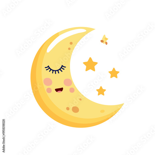 Cute sleeping crescent moon with stars, sweet dreams, night sky