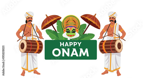 Illustration of two traditional Indian drummers with a colorful mask and ONAM greeting on a white background with green leaves.