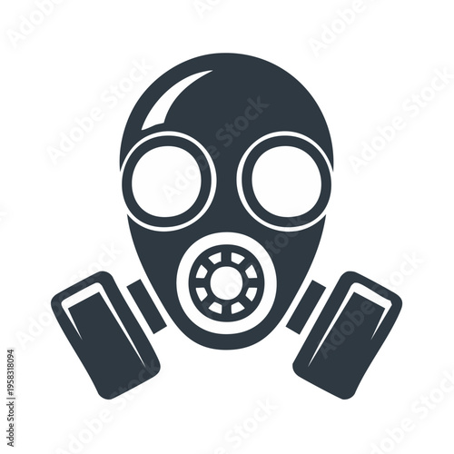 Dark gas mask with two eye lenses and filter symbol for protection against hazardous substances
